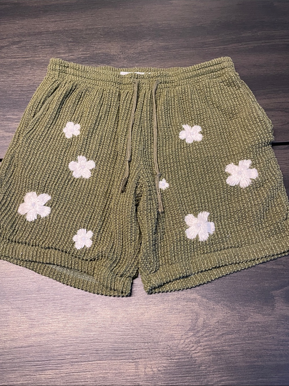 PacSun Olive Green Knit Floral Embroidered Athletic Shorts